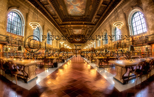 Visitors to the New York Library on Fifth Avenue can read and study on long oak tables in the Rose Main Reading Room. The room is 78 feet wide and 297 feet long. The ceiling is fifty-two feet high and is decorated with murals of clouds. In 1998 fifteen million dollars was spend on the restoration of this great space.