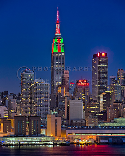 Empire State Building Illuminated with red and green lights for Christmas.