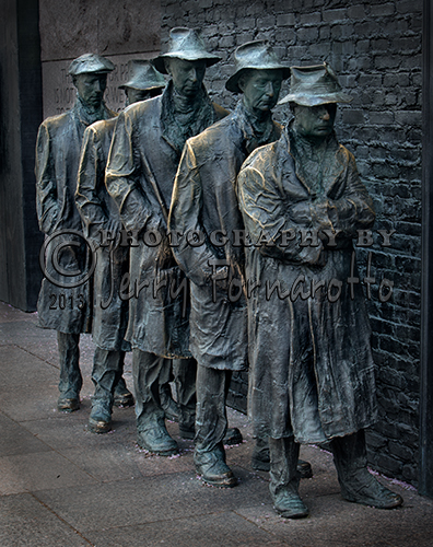 "Bread Line" is one of the four rooms of the FRD Memorial. It was sculpted by George Segal. Bread lines were formed at places were food was offered to the hungry during the Great Depression.