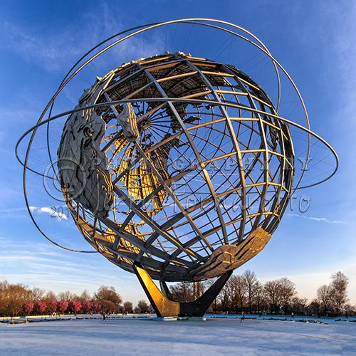 The Unisphere is located in Fairgrounds in Queens, New York City. It was the centerpiece of the 1964-1965 World’s Fair. The sphere is 140 feet tall, 120 feet in diameter and weighs 900,000 pounds. The sculpture was built by the U.S. Steel Corporation as a symbol of world peace.