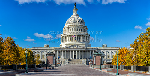 A panoramic view of the United States Capitol Building. 