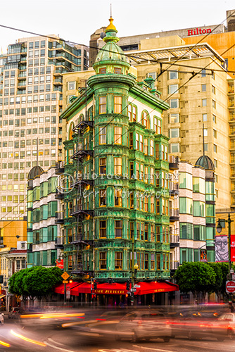 The Sentinel Building or Columbus Tower is on the corners of Columbus Ave and Kearny St, San Francisco. This distintive green flatiron building is now the headquaters for Francis Ford Coppola's Zoetrope Studio.