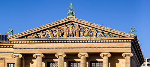 The Philadelphia Museum of Art is located at the end of Benjamin Franklin Parkway. It is one of the countries largest art museums. The front pediment features a polychrome sculpture by C. Paul Jennewein.
