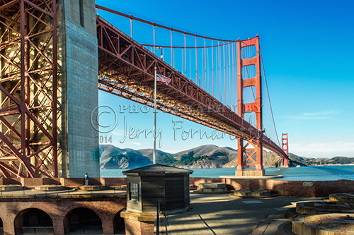 The view of the Golden Gate Bridge from the top deck of Fort Point.
