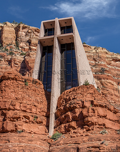 The Chapel of the Holy Cross was built into a butte in Sedona, Arizona. A local rancher and sculpture, Marguerite Brunswig Staude, commissioned the chapel. The building was completed in 1956.