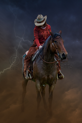 Horse and rider emerging from a storm.