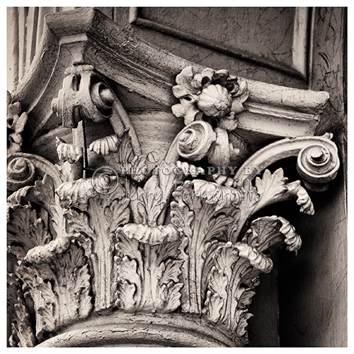 A black and white photo showing the details of a Corinthian Capital.