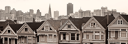 Across from Alamo Square on Steiner Street, San Francisco is a row of Victorian houses dubbed “Postcard Row”.  The San Francisco skyline is a wonderful background for these painted ladies. Painted Ladies are homes that are painted in three or more colors. These homes appear in the opening credits of the TV show “Full House”.