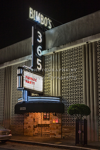 Bimbo’s 365 Club is located at 1025 Columbus Avenue, San Francisco. Bimbo’s opened in 1951. Over the years a long list of entertainers have preformed here; Joey Bishop, Smokey Robinson, Neil Diamond, Jewel and many more.