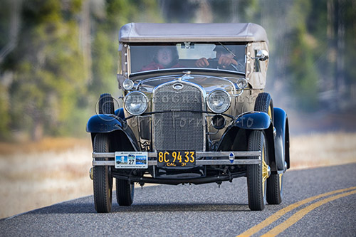 A classic Model A Ford driving through Yellowstone National Park. This car was part of the Model A Touring Club.