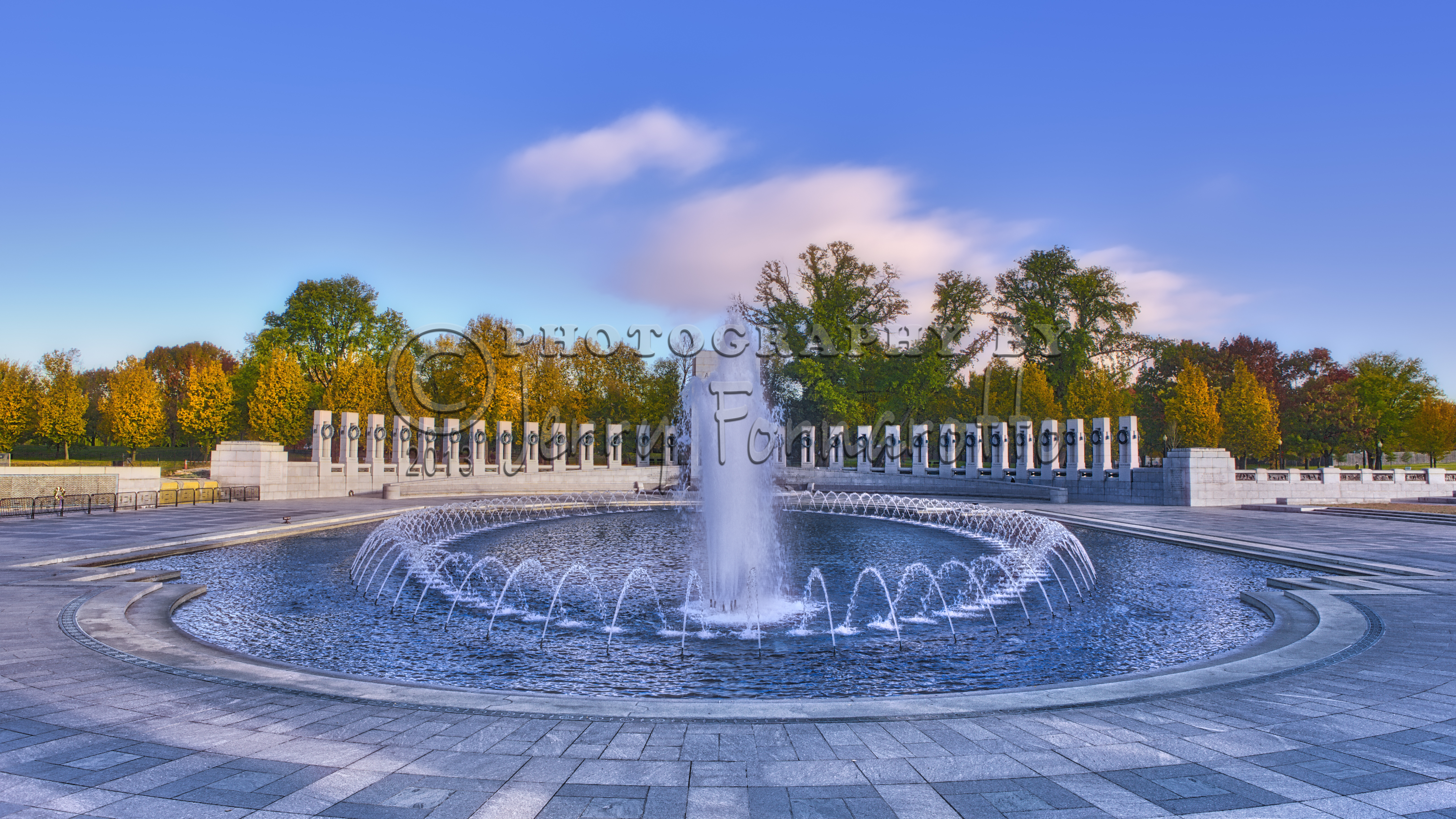The National World War II Memorial is located on the National Mall in Washington D.C.. It is dedicated to the Americans who served in the armed forces and to civilans during World War II.