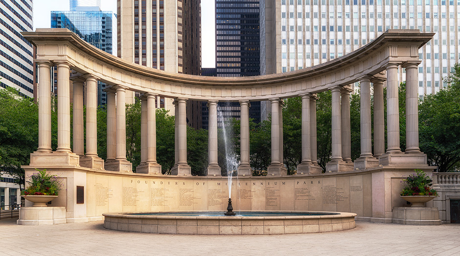 Millennium Monument in Wrigley Square is located in Millennium Park, Chicago, Illinois. On the base of the Millennium Monument in Wrigley Square are the names of the founders of Millennium Park. These individuals, corporations and foundations provided generous monetary contribution for the creation and conservation of Millennium Park.