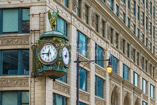 The Father Time Clock is on the Jeweler's Building in Chicago, Illinois.