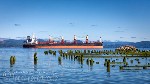 The cargo ship Belle Plaine anchored in the Columbia River.