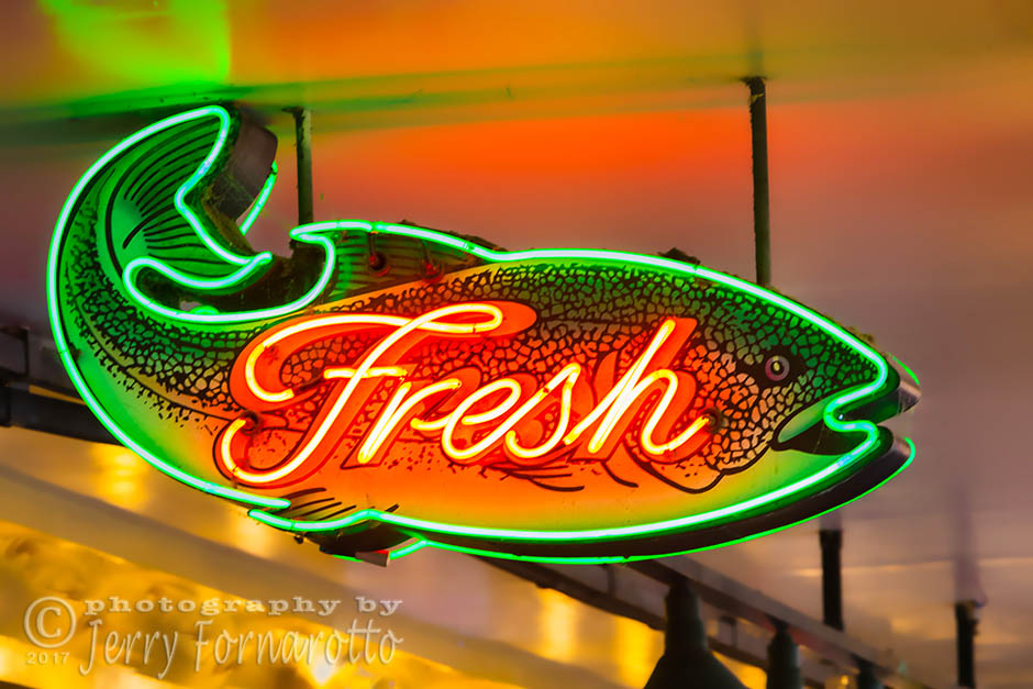 Neon fish sign at Pike Place Market, Seattle, Washington. Canon 5D MKIV, Canon 70-200mm set to 200mm, 1/20sec, f10