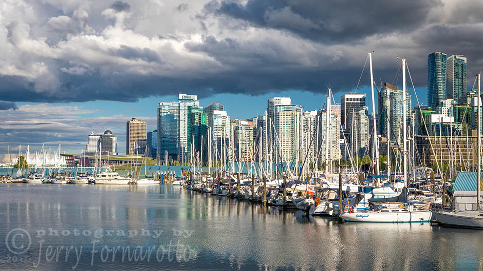 An urban marina for luxury boats in Vancouver, Canada.