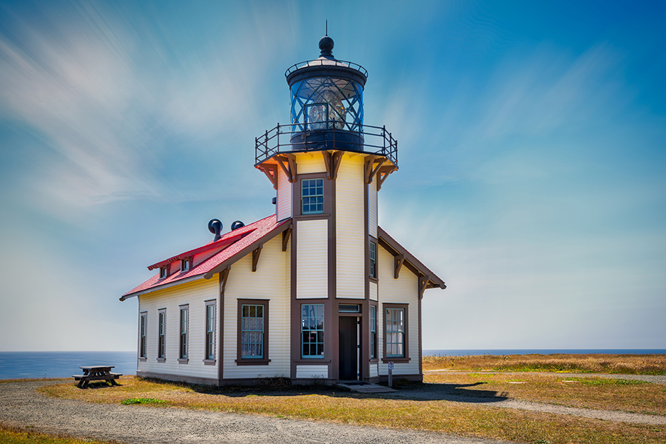 Point Cabrillo Light was built in 1908. At the top of the Tower houses is a 3rd order British-built Fresnel lens by Chance Bros. with a range of 13-15 miles. The lighthouse is located on the Mendocino Coast in the Point Cabrillo Light Station California State Historic Park.
