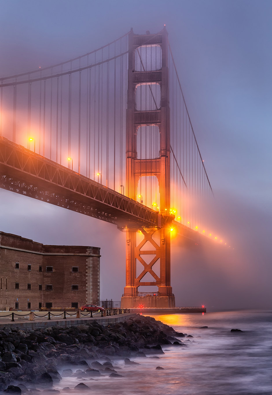 The Golden Gate Bridge spans the Golden Gate Strait between San Francisco and the Pacific Ocean. This suspension bridge is 1.7 miles long and 90 feet wide. The two towers reach 746 feet above the water.